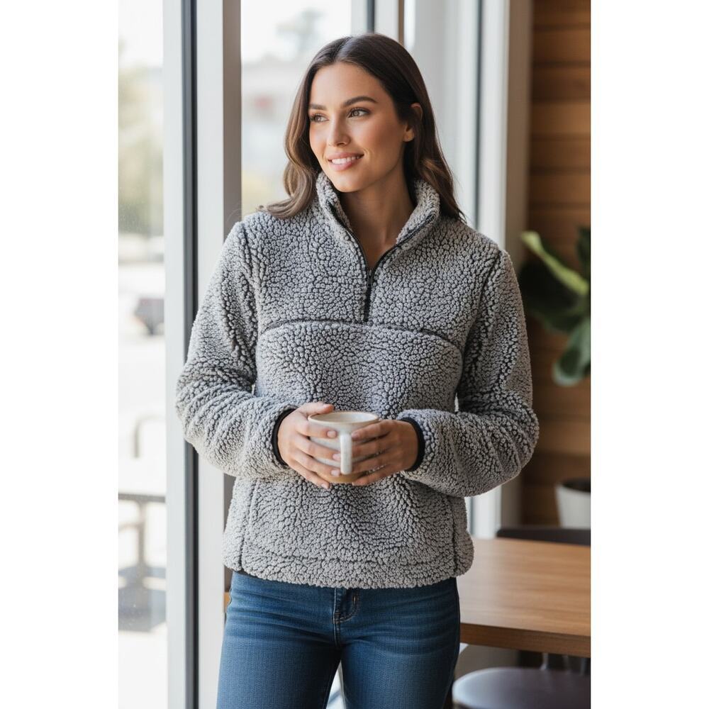 Anthro Thread & Supply Sherpa Pullover XS Gray Cozy Teddy Fleece Quarter Zip